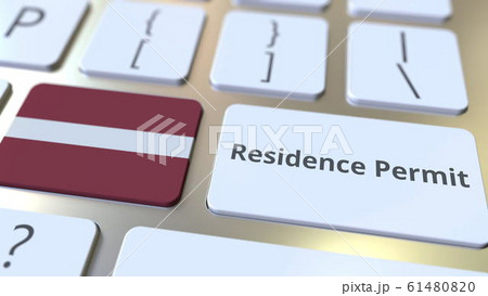 Residence Permit text and flag of Latvia on the buttons on the computer keyboard. Immigration related conceptual 3D rendering Residence Permit text and flag of Latvia on the buttons on the computer keyboard. Immigration related conceptual 3D rendering 61480820
