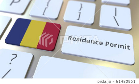 Residence Permit text and flag of Romania on the buttons on the computer keyboard. Immigration related conceptual 3D rendering Residence Permit text and flag of Romania on the buttons on the computer keyboard. Immigration related conceptual 3D rendering 61480951