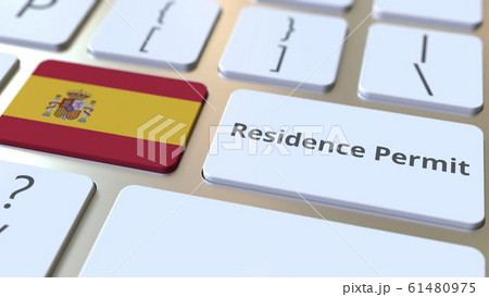 Residence Permit text and flag of Spain on the buttons on the computer keyboard. Immigration related conceptual 3D rendering Residence Permit text and flag of Spain on the buttons on the computer keyboard. Immigration related conceptual 3D rendering 61480975
