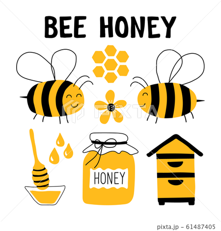 Honey funny doodle set. Beekeeping, apiculture: bee, hive, spoon, honeycomb, jar. Honey funny doodle set. Beekeeping, apiculture: bee, hive, spoon, honeycomb, jar. 61487405
