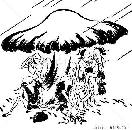 大きなキノコの下で雨宿りする人々のイラスト素材