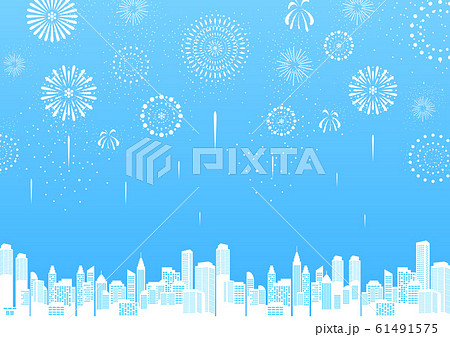 都市　花火　ブルー背景 61491575