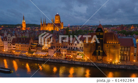 Aerial view on old town in Gdansk by the evening. 61492264