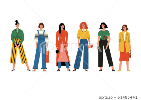 Beautiful women or girls standing together. High fashion, fine clothes. Smiling characters Beautiful women or girls standing together. High fashion, fine clothes. Smiling characters 61495441