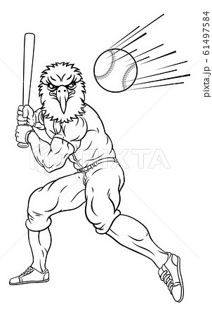 Eagle Baseball Player Mascot Swinging Bat at Ball 61497584