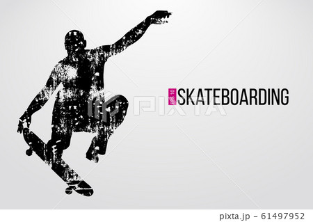 Silhouette of a skateboarder. Background and text on a separate layer, color can be changed in one click. Vector illustration 61497952