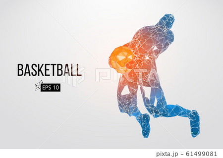Silhouette of a basketball player. Dots, lines, triangles, color effects and background on a separate layers, color can be changed in one click. Vector illustration 61499081