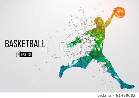 Silhouette of a basketball player. Dots, lines, triangles, color effects and background on a separate layers, color can be changed in one click. Vector illustration 61499082