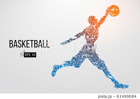 Silhouette of a basketball player. Dots, lines, triangles, color effects and background on a separate layers, color can be changed in one click. Vector illustration 61499084