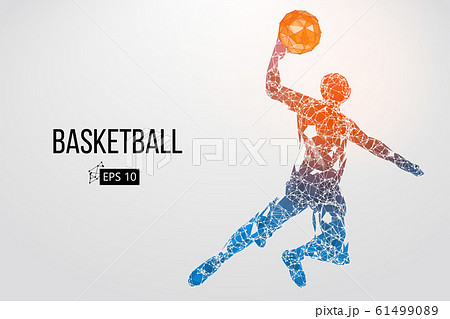 Silhouette of a basketball player. Dots, lines, triangles, color effects and background on a separate layers, color can be changed in one click. Vector illustration 61499089