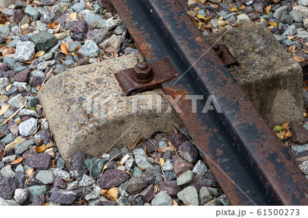 railway track of iron rails old rusty and cement railway track of iron rails old rusty and cement 61500273