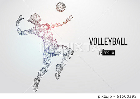 Silhouette of volleyball player woman, girl, female. Dots, lines, triangles, text, color effects and background on a separate layers, color can be changed in one click. Vector illustration 61500395