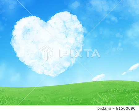 ハートの雲と草原の背景イラスト 空のイラスト素材 61500690 Pixta