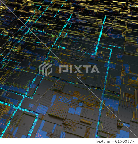 Circuit board futuristic server code processing. Angled view blue color technology black background. 3d 61500977