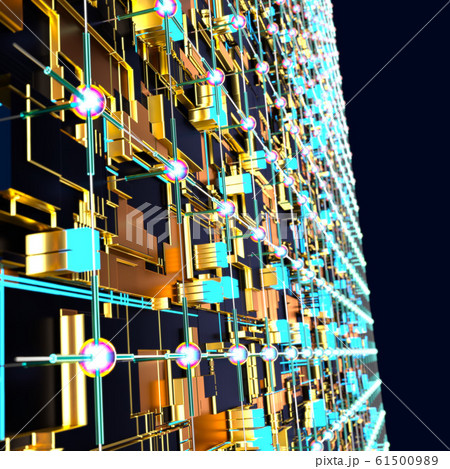 Circuit board futuristic server code processing. Angled view multicolor technology black background. 3d 61500989