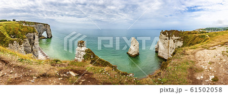 Panorama of natural chalk cliffs of Etretat 61502058