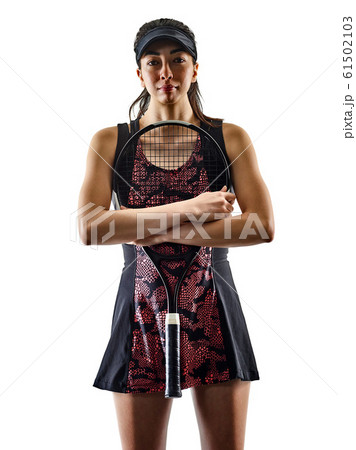 young tennis player asian woman isolated white brackground silhouette 61502103