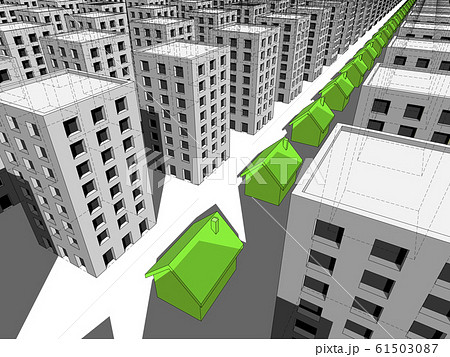 Row of green ecological houses surrounded by many blocks of flats 61503087