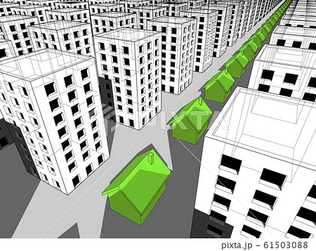 Row of green ecological houses surrounded by many blocks of flats 61503088
