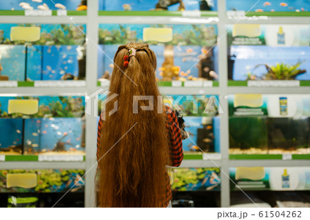 Girl looking on fishes in aquarium, pet store 61504262