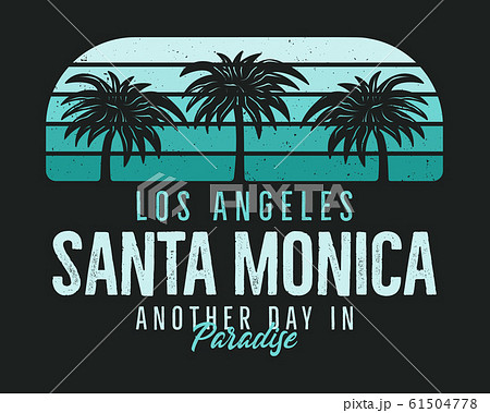 Santa Monica Beach Graphic for T-Shirt, prints. Vintage Los Angeles hand drawn 90s style emblem. Retro summer travel paradise scene, unusual badge. Surfing Adventure Label. Stock . 61504778