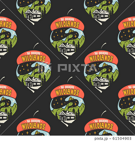 Camping seamless pattern with mountain forest label badges. Unknown wildland text. Travel wallpaper background. Stock vector 61504903