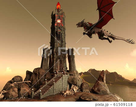 Fantasy Dragon and Dark Tower 3D Illustration 61509118