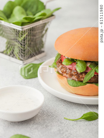 Healthy vegetarian meat free burger on round Healthy vegetarian meat free burger on round 61511980