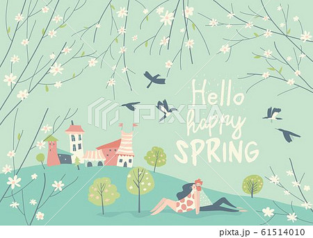Cartoon happy couple in love in spring garden. Joyful emotions 61514010