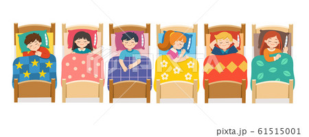 Boys and girls sleeping in bed in various poses. Bedtime and rest. 61515001