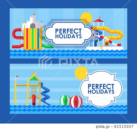 Water park banner in flat style, vector illustration. Perfect summer holidays in aqua park, fun vacation for family with children. Water attractions ticket template Water park banner in flat style, vector illustration. Perfect summer holidays in aqua park, fun vacation for family with children. Water attractions ticket template 61515037