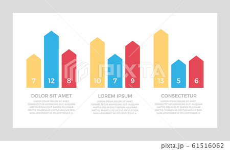 Set of red, blue and yellow elements for infographic presentation slides with charts, graphs, steps, arrows, number options. 61516062