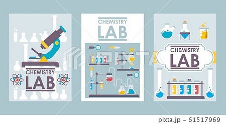 Chemistry lab banners, vector illustration. Scientific brochure cover design, laboratory booklet template. Flat style chemistry lab icons, science research symbols 61517969