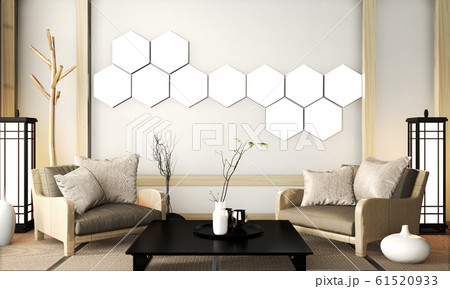 Mock up Hexagon lamp on wall zen room very 61520933
