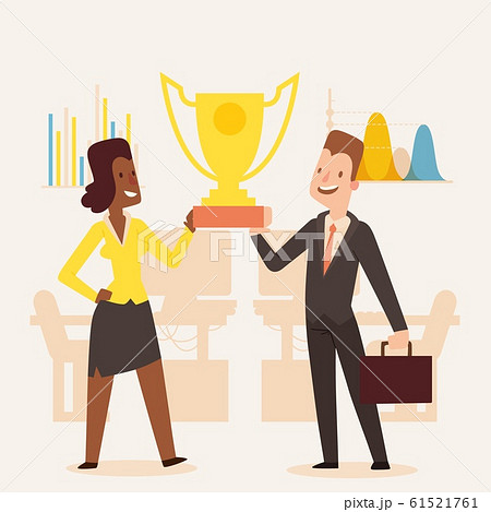 Award winning business company, man and woman holding trophy, vector illustration. Successful business people cartoon characters, partners in professional team 61521761