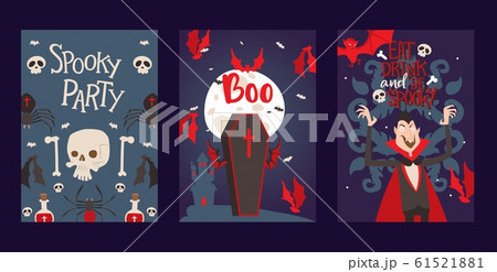 Vampire style halloween party invitation, vector illustration. Set of banners with vampire symbols in cartoon style, typographic template. Halloween icons and place for text Vampire style halloween party invitation, vector illustration. Set of banners with vampire symbols in cartoon style, typographic template. Halloween icons and place for text 61521881