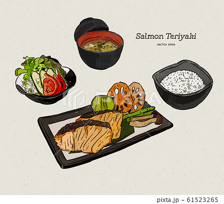 salmon teriyaki, japanese food. Hand draw sketch salmon teriyaki, japanese food. Hand draw sketch 61523265