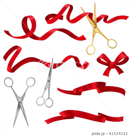 Realistic scissors and ribbons. Grand opening event public ceremony, metal scissors cut red silk ribbon, festive elements isolated vector set Realistic scissors and ribbons. Grand opening event public ceremony, metal scissors cut red silk ribbon, festive elements isolated vector set 61524131