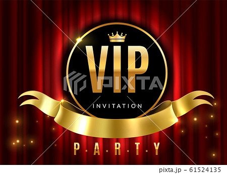 Vip theatre. Golden sign of event premium certificate or card on red luxury curtains for private invitation vector design Vip theatre. Golden sign of event premium certificate or card on red luxury curtains for private invitation vector design 61524135