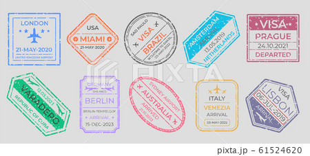 Passport stamps. International travel visa marking, business travel and immigration vintage labels. Vector airport stamp set 61524620