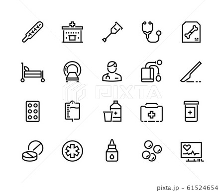 Medical line icons. Healthcare and insurance, prescription and different pills, pharmacy drugs symbols. Vector clinic equipment set 61524654