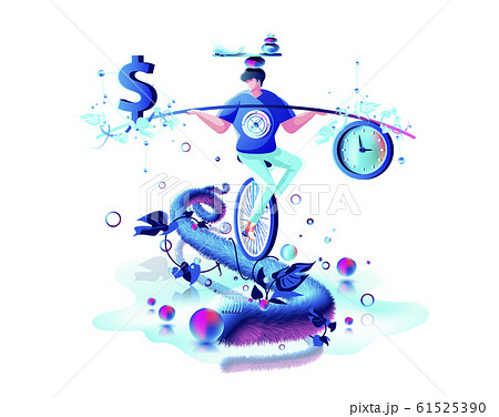 inner balance in hand harmony between money dollar sign and time clock man circus performer riding unicycle rope management 61525390