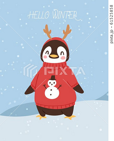 Cute christmas penguin cartoon vector illustration. Penguin in knitted sweater with snowman and horns. Postcard for the New year and Christmas. Hello winter. 61525858