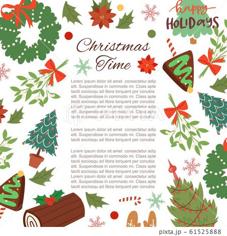 Christmas frame cartoon vector illustration. Winter holidays background with pine branches, berries, holly and mistletoe wreath and fir trees. Botanical christmas frame. Christmas frame cartoon vector illustration. Winter holidays background with pine branches, berries, holly and mistletoe wreath and fir trees. Botanical christmas frame. 61525888