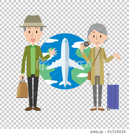 旅行 高齢 老夫婦 飛行機 海外旅行 国内旅行のイラスト素材