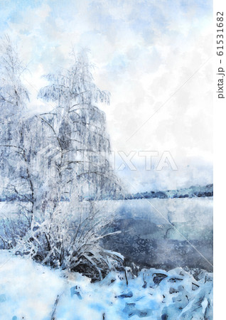 Winter landscape with a lake and a tree in frost. 61531682