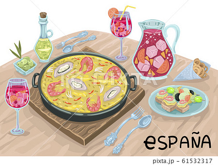 Paella and drinks in wine glasses on the table. Romantic Spanish dinner in the restaurant. Vector illustration 61532317