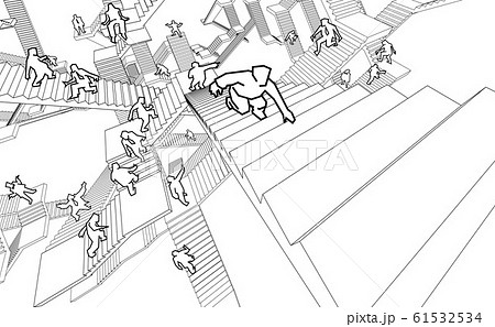 lost and confused people running upwards and downwards a labyrinth of stairs 61532534
