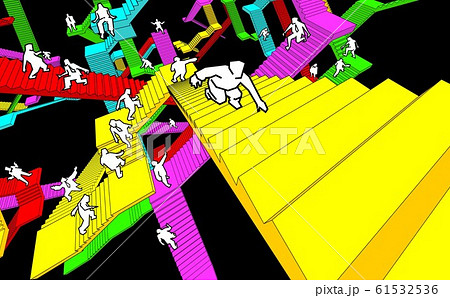 lost and confused people running upwards and downwards a labyrinth of stairs 61532536