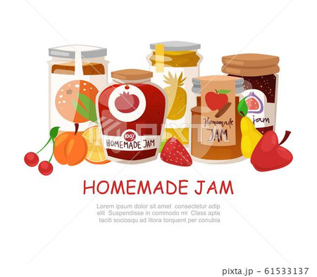 Homemade jam with fresh fruits and berry Jam with rustic jars of jelly with paper cover, marmalade cartoon vector illustration. Homemade jam with fresh fruits and berry Jam with rustic jars of jelly with paper cover, marmalade cartoon vector illustration. 61533137